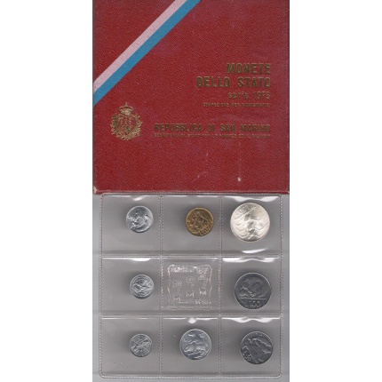 1975 Repubblica  di San Marino Monete Divisionali  FDC con 500 lire in argento