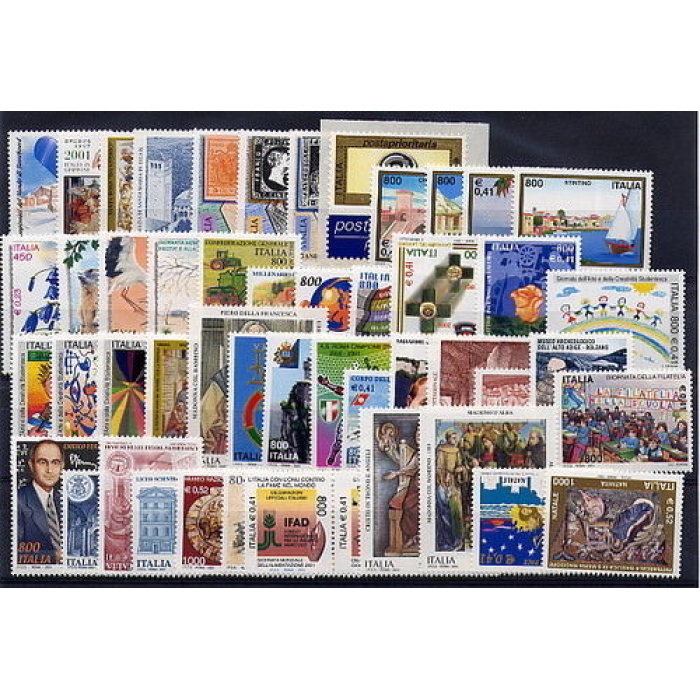 2001 Italia Repubblica , francobolli nuovi, Annata Completa 50 valori +3 Foglietti +1 Libretto Posta Prioritaria +1 francobusta MNH**