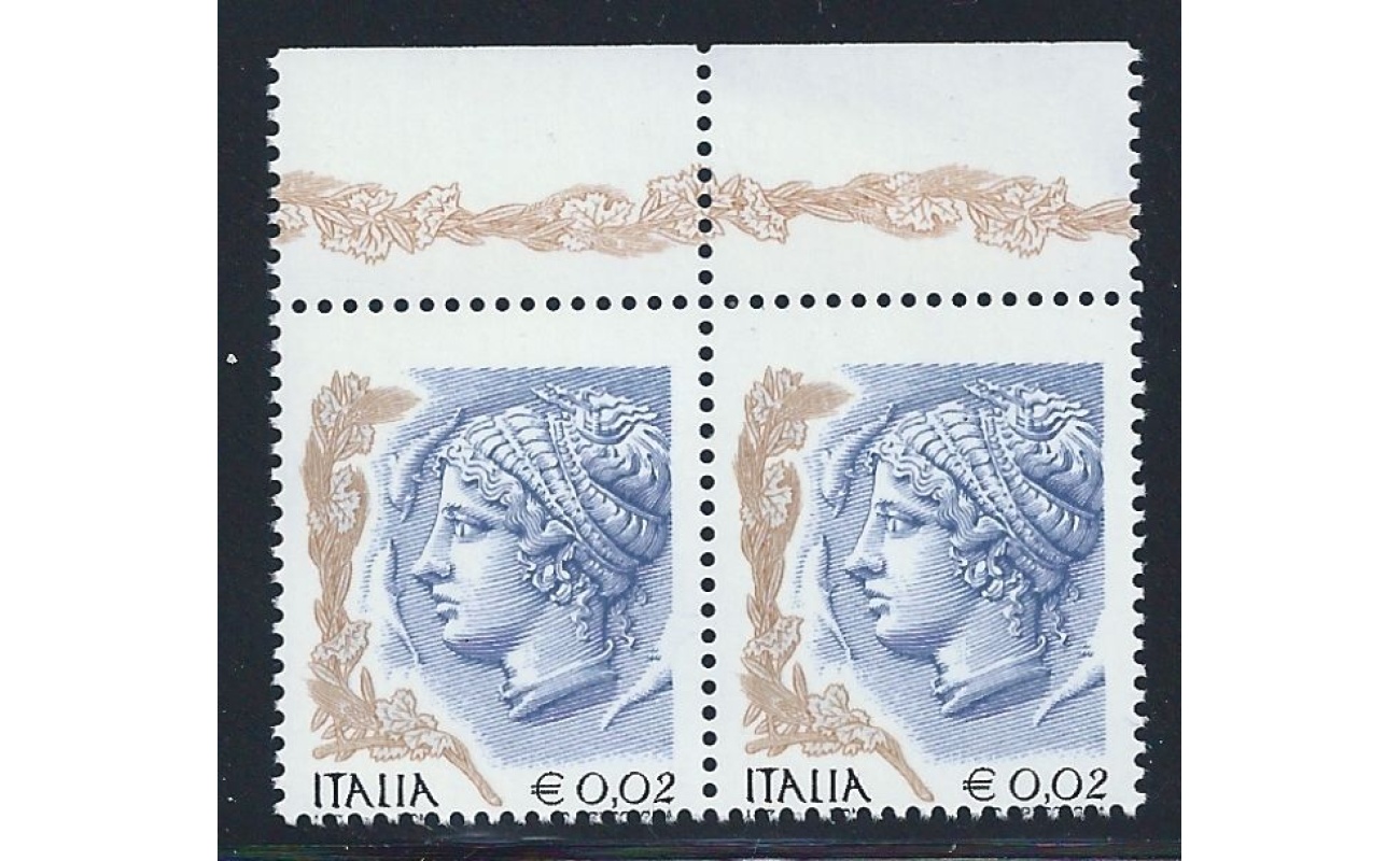 2003 Italia - Repubblica , n° 2759Bb Donna nell'arte 2 cent. MNH/** VARIETA' COPPIA