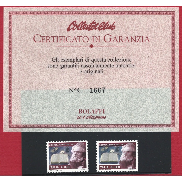 2007 ITALIA  n.  2995Da Carducci, Stampa Spostata, MNH** VARIETA' Certificato  Garanzia Bolaffi