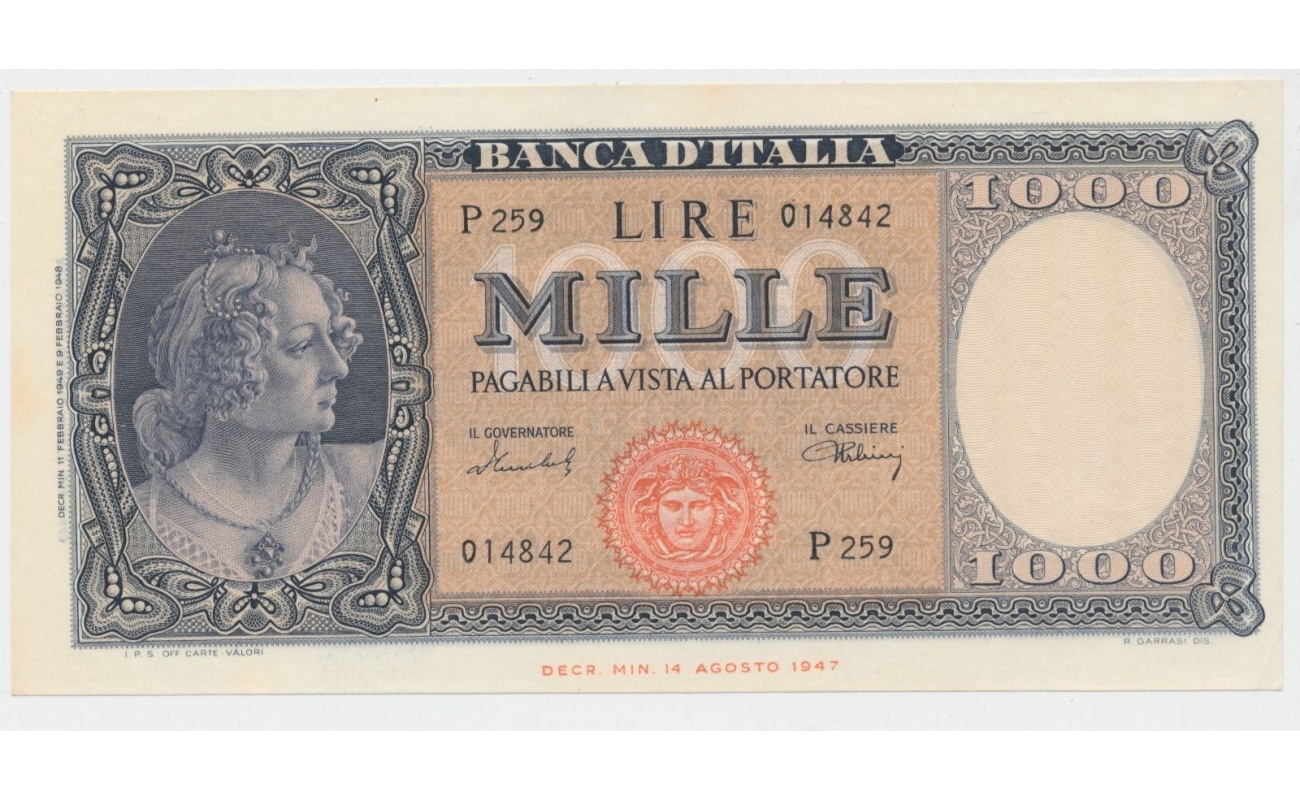Mille Lire "Busto dell'Italia" Medusa 11/02/1949 FDS