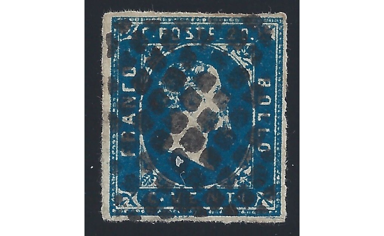 1851 Sardegna, n° 2 20c. azzurro USATO Siglato AD