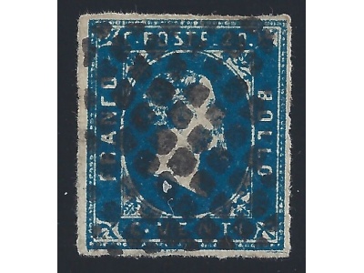 1851 Sardegna, n° 2 20c. azzurro USATO Siglato AD