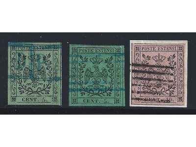 1852 MODENA, n° 7/9a usati , Firma Giulio Bolaffi ,  OTTIMI MARGINI