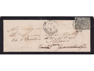 1852 Stato Pontificio, 2 baj verde oliva n° 3 su lettera