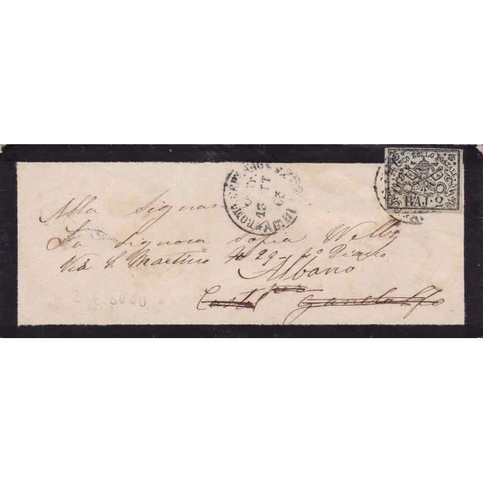 1852 Stato Pontificio, 2 baj verde oliva n° 3 su lettera