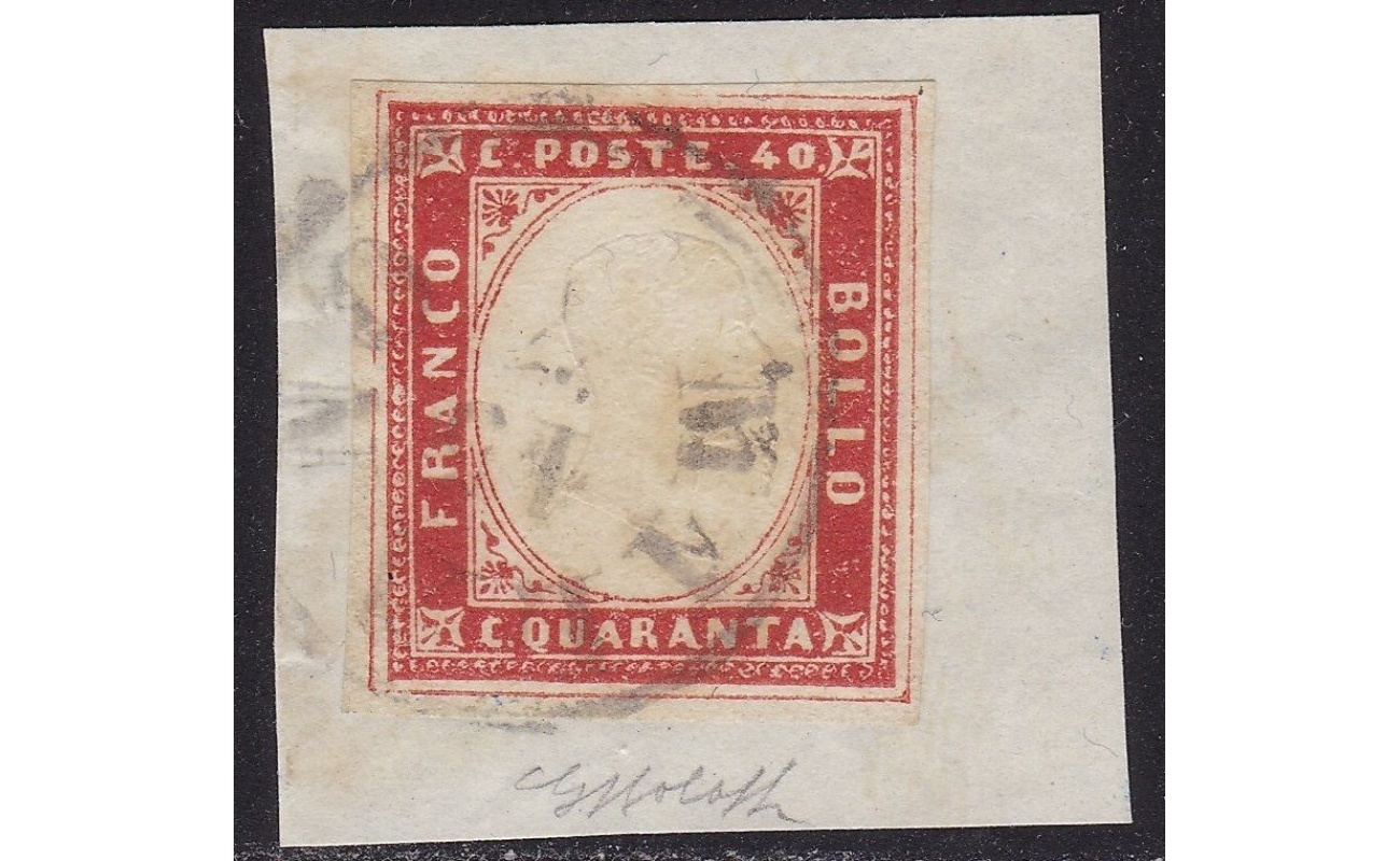 1857 SARDEGNA, n° 16A IV emissione 40 cent. rosso scarlatto SU FRAMMENTO