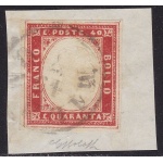 1857 SARDEGNA, n° 16A IV emissione 40 cent. rosso scarlatto SU FRAMMENTO