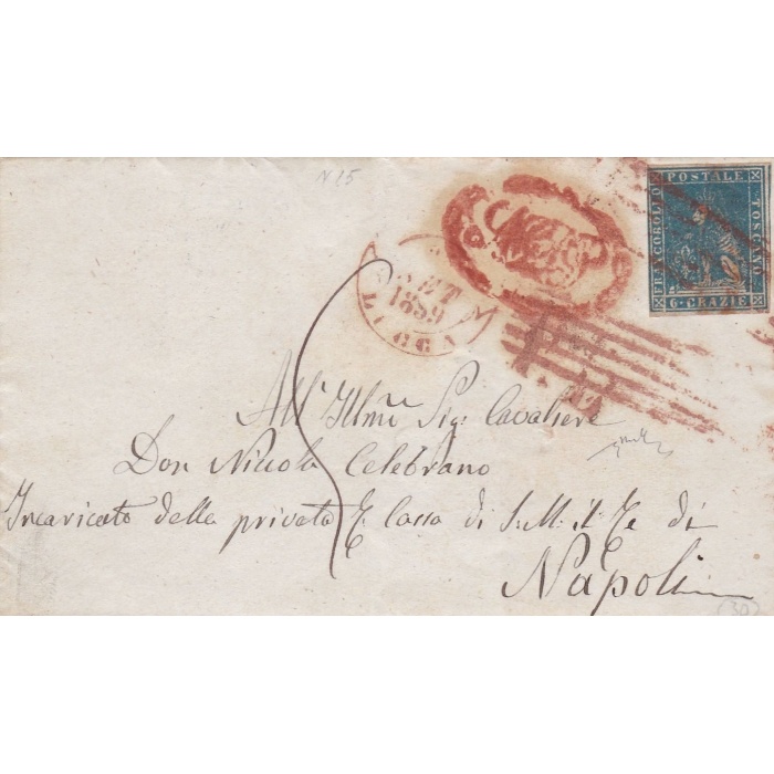 1857 TOSCANA, n° 15 6 crazie azzurro SU LETTERA DA LUCCA Certificato Chiavarello