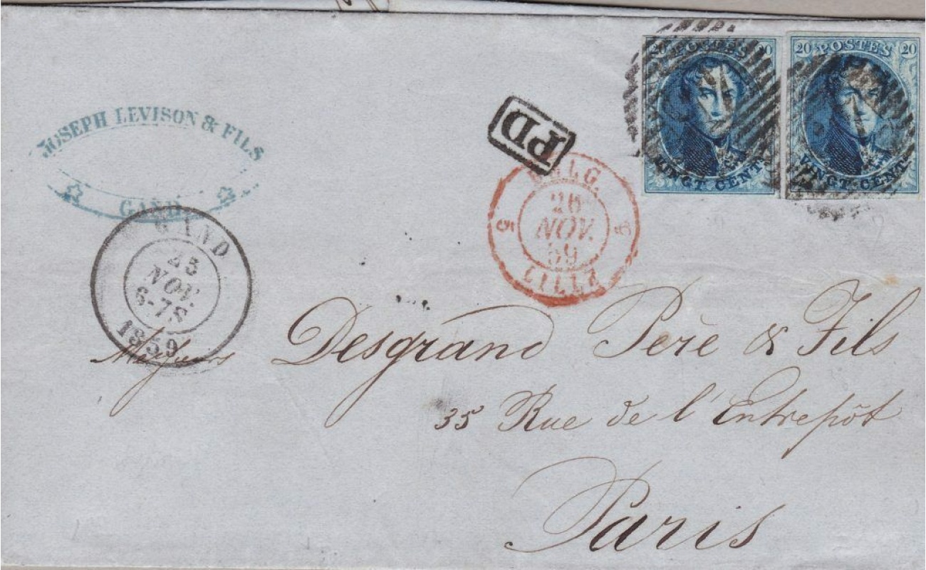 1859 Belgio - n. 11A 20 cent. Re Leopoldo I - Lettera con due esemplari di diversa tonalità