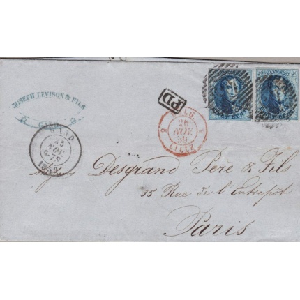 1859 Belgio - n. 11A 20 cent. Re Leopoldo I - Lettera con due esemplari di diversa tonalità