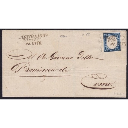 1860 SARDEGNA, 20 cent. su lettera con annullo CASTIGLIONE D'INTELVI punti 12