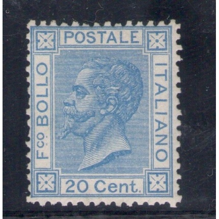 1867 Regno d'Italia, n° 26T 20 c. azzurro Tiratura di Torino MNH/** Raybaudi Oro