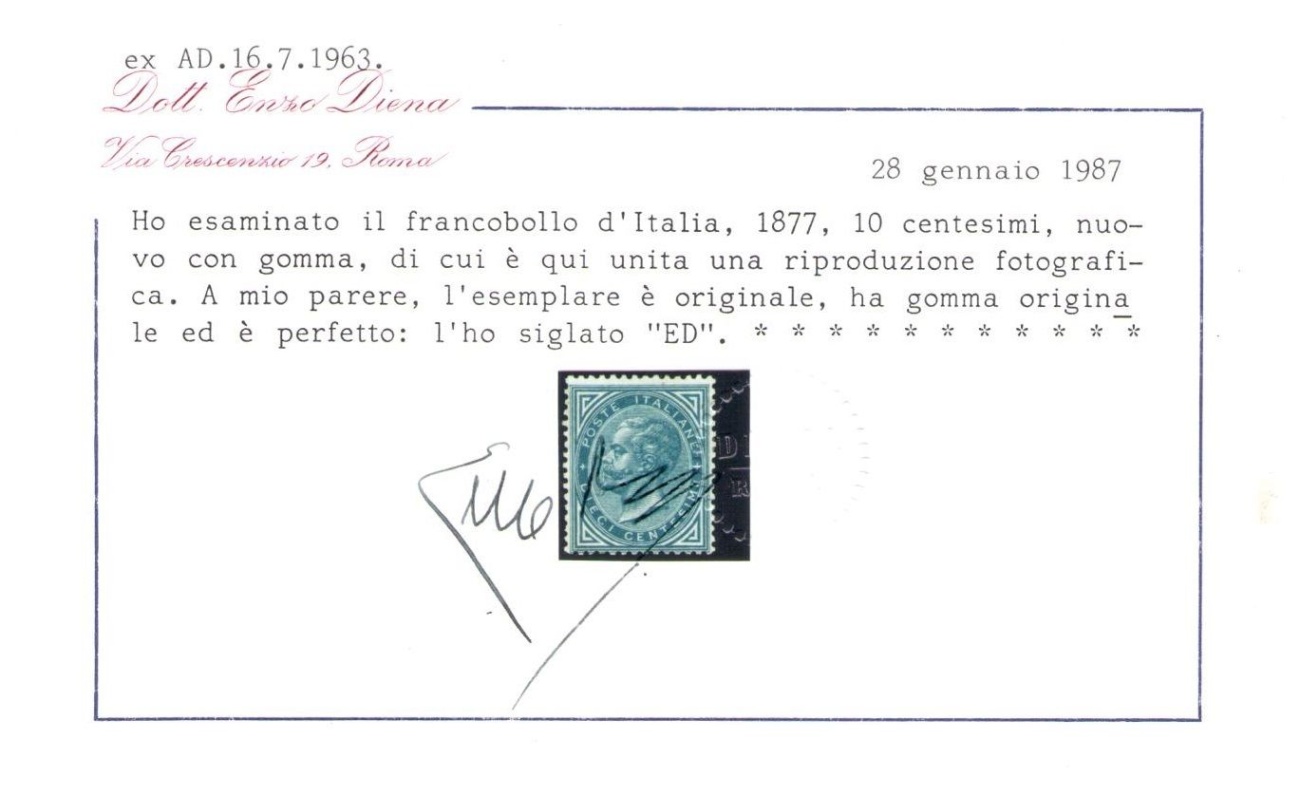 1877 Regno Italia - 10 cent azzurro , n 27 MLH * , Cert.Enzo Diena + Alberto Diena