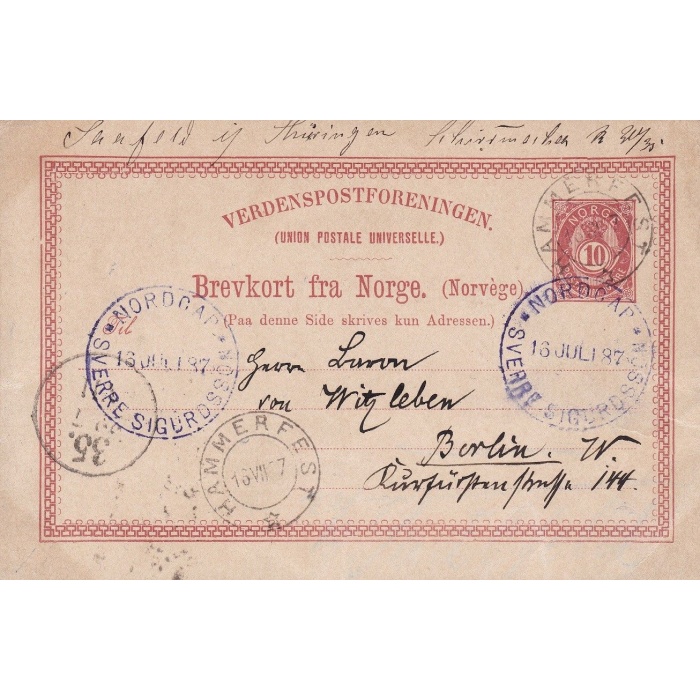 1887 NORVEGIA, Intero Postale con timbro della Motonave SS Sverre Sigurdsson - Spedizioni Polari