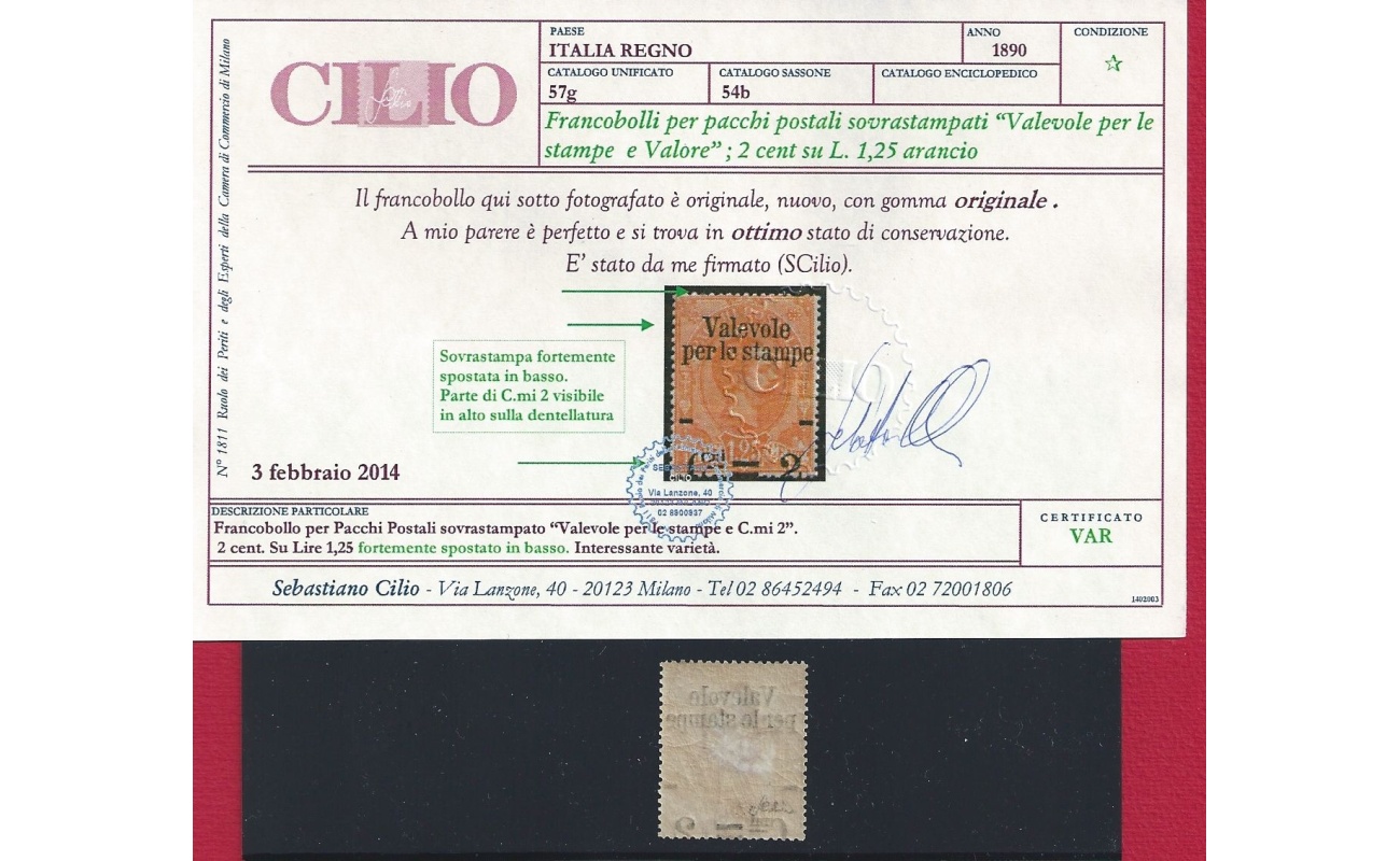 1890 Regno - n. 54 afa - Valevole per stampe -  2 cent su 1,25 arancio - MLH* - Soprastampa fortemente spostata in basso - VARIETA' Certificato Cilio