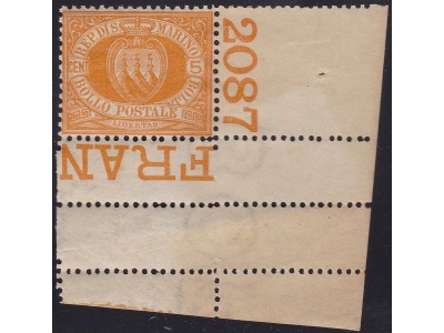 1890 SAN MARINO, n. 2  5 cent. giallo  MNH** - Certificato R.Diena - Numero di tavola