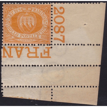 1890 SAN MARINO, n. 2  5 cent. giallo  MNH** - Certificato R.Diena - Numero di tavola