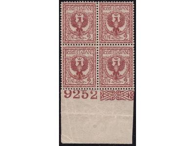1901 Italia - Regno, n° 69  MNH** QUARTINA NUMERO DI TAVOLA 9252