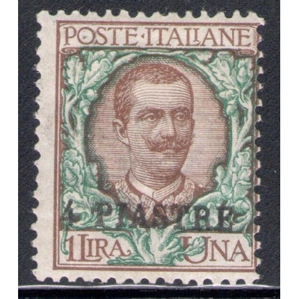 1908 Levante , Costantinopoli , 4 piastre su 1 L bruno verde , n° 13 MLH* Certificato/Expertise Sorani + Fiecchi Storico