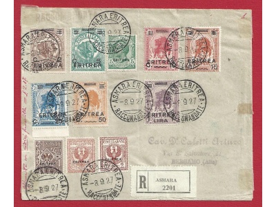 1927 Colonie Italiane, Italian Colonies,  ERITREA , lettera con n° 54/60 + 77/79 - Molto Rara ed Interessante