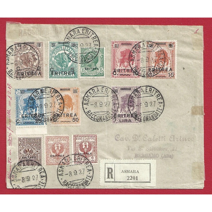 1927 Colonie Italiane, Italian Colonies,  ERITREA , lettera con n° 54/60 + 77/79 - Molto Rara ed Interessante