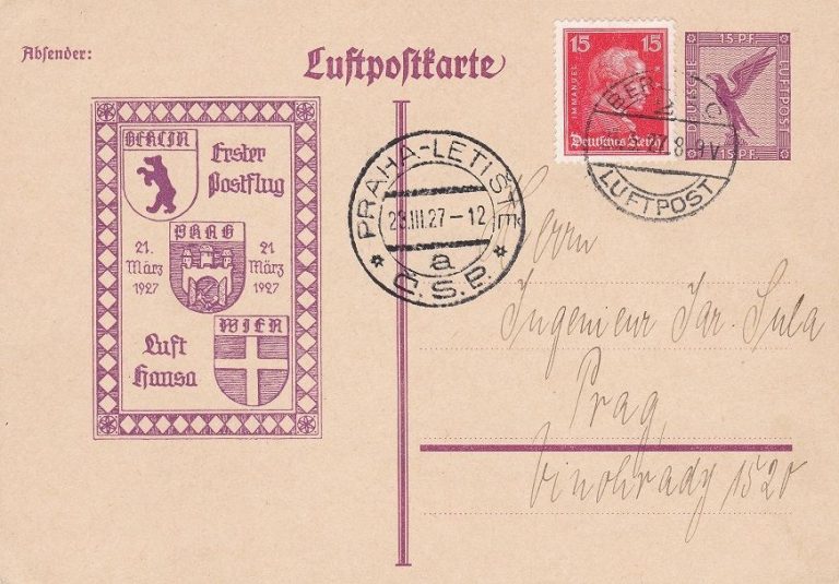 1927-GERMANIADEUTSCHES-REICH-ERSTFLUG-BERLIN-PRAHA-SONDERCARTE-322050810727 1927 GERMANIA , ERSTFLUG BERLIN-PRAHA SONDERCARTE