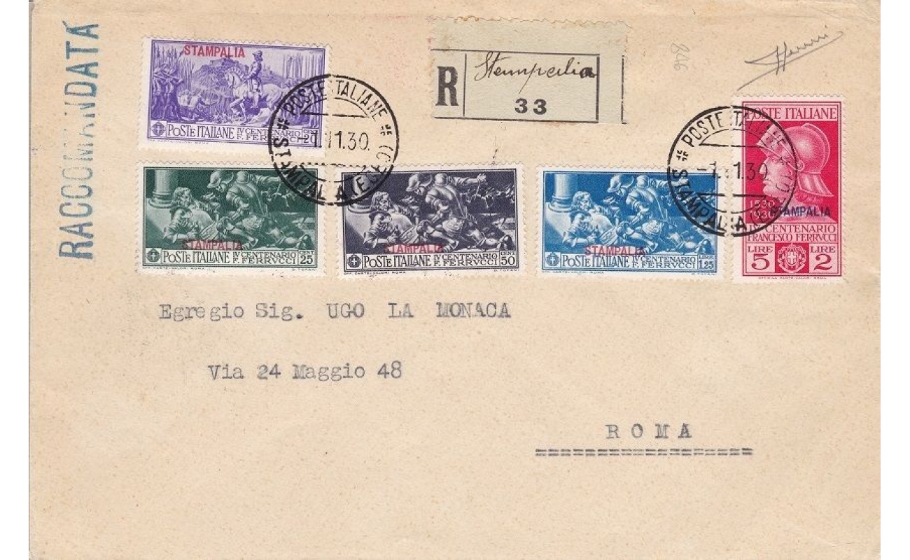 1930 Egeo - STAMPALIA, n° 12/16  la serie completa su lettera viaggiata
