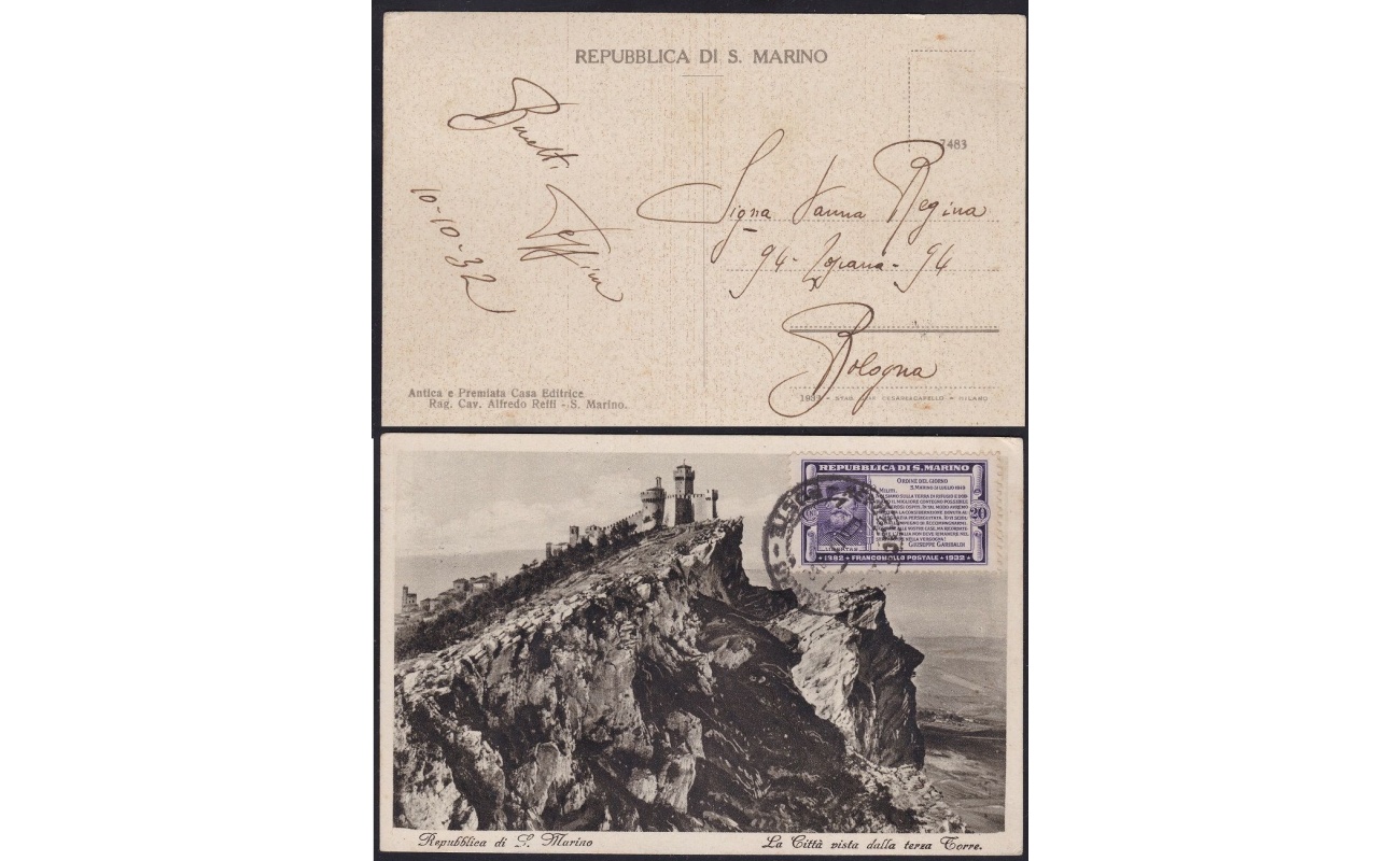 1932 San Marino, n° 169 su cartolina per Bologna del 10.10.32