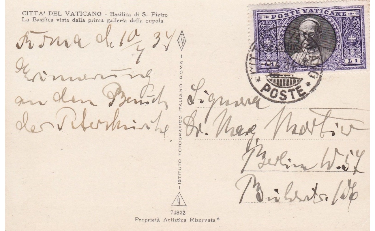 1933 Vaticano , n° 28 su cartolina viaggiata nel 1934