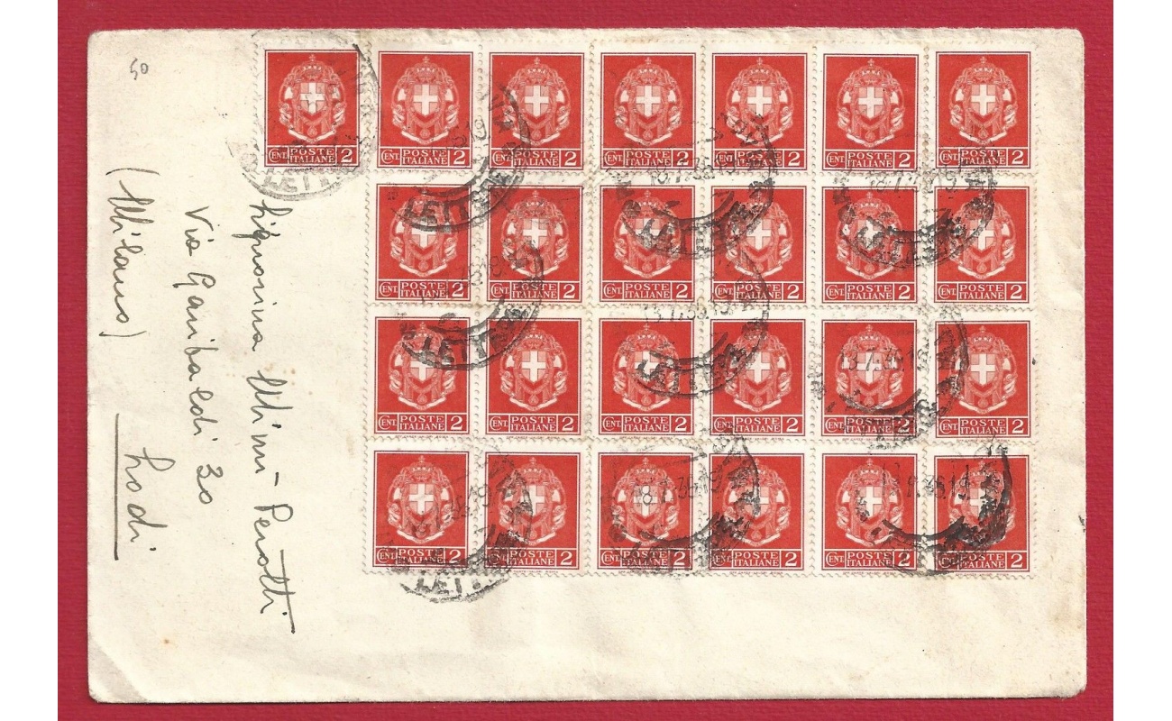 1935 Italia - Regno, lettera affrancata con 25 esemplari del n° 242A 2 cent. arancio