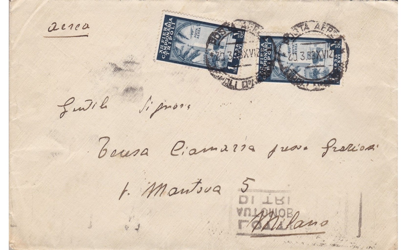1938 LIBIA, Posta Aerea n° 35 1 Lira azzurro nero  2 esemplari su lettera