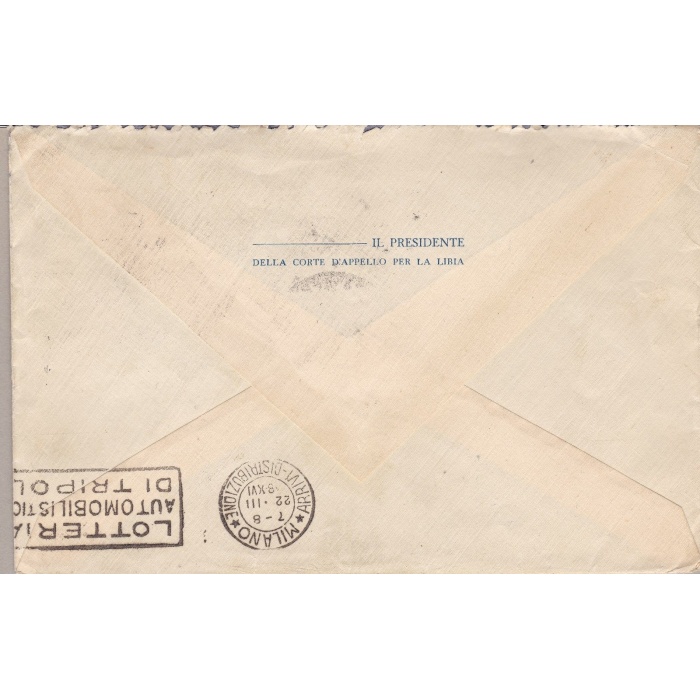 1938 LIBIA, Posta Aerea n° 35 1 Lira azzurro nero  2 esemplari su lettera