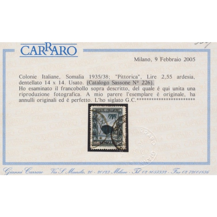 1935-38 SOMALIA,  Pittorica ,  Lire 2,55 ardesia,  Usato , dentellato 14 , Certificato Carraro