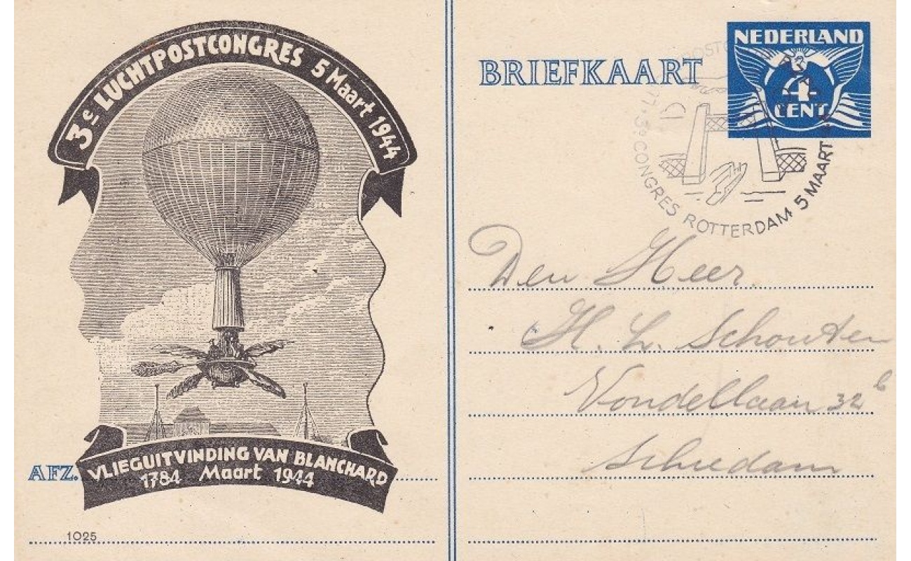 1944 OLANDA ,NEDERLAND, 3° Luchtpostcongres 5 maart 1944