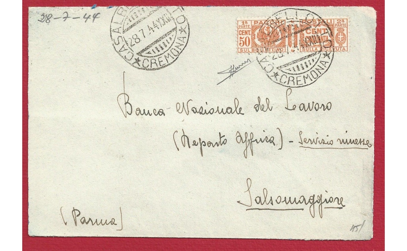 1944 Italia - lettera affrancata con Pacco Postale n. 28 - 50 cent  arancio isolato