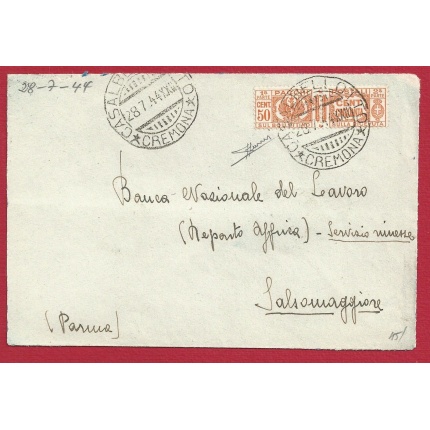 1944 Italia - lettera affrancata con Pacco Postale n. 28 - 50 cent  arancio isolato