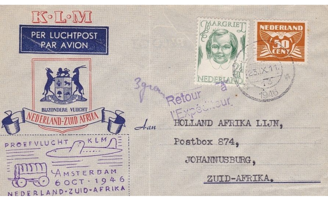 1946 OLANDA ,NEDERLAND, FIRST FLIGHT AMSTERDAM - JOHANNESBURG