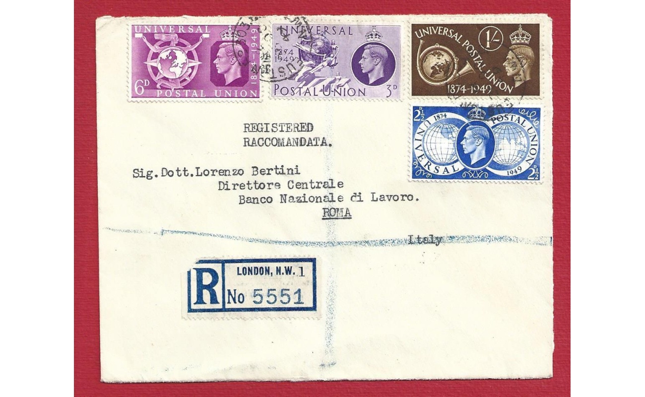 1949 GRAN BRETAGNA, n. 246/249 UPU la serie completa su lettera per Roma