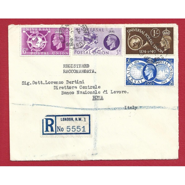 1949 GRAN BRETAGNA, n. 246/249 UPU la serie completa su lettera per Roma