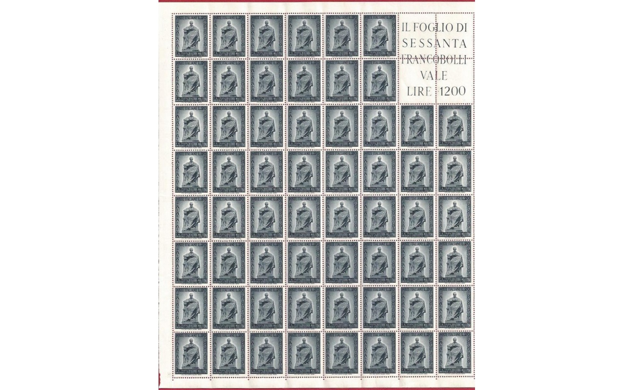 1949 Italia - Repubblica, n° 604 , Mazzini , Foglio con blocco angolare di cinque MNH**