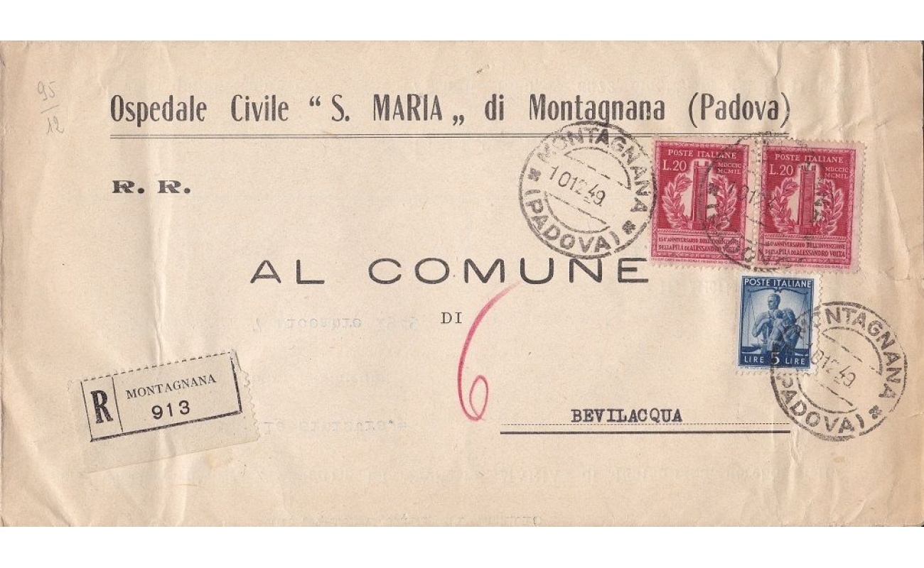 1949 REPUBBLICA, n° 611 Volta coppia 20 Lire su Manoscritto VIAGGIATO