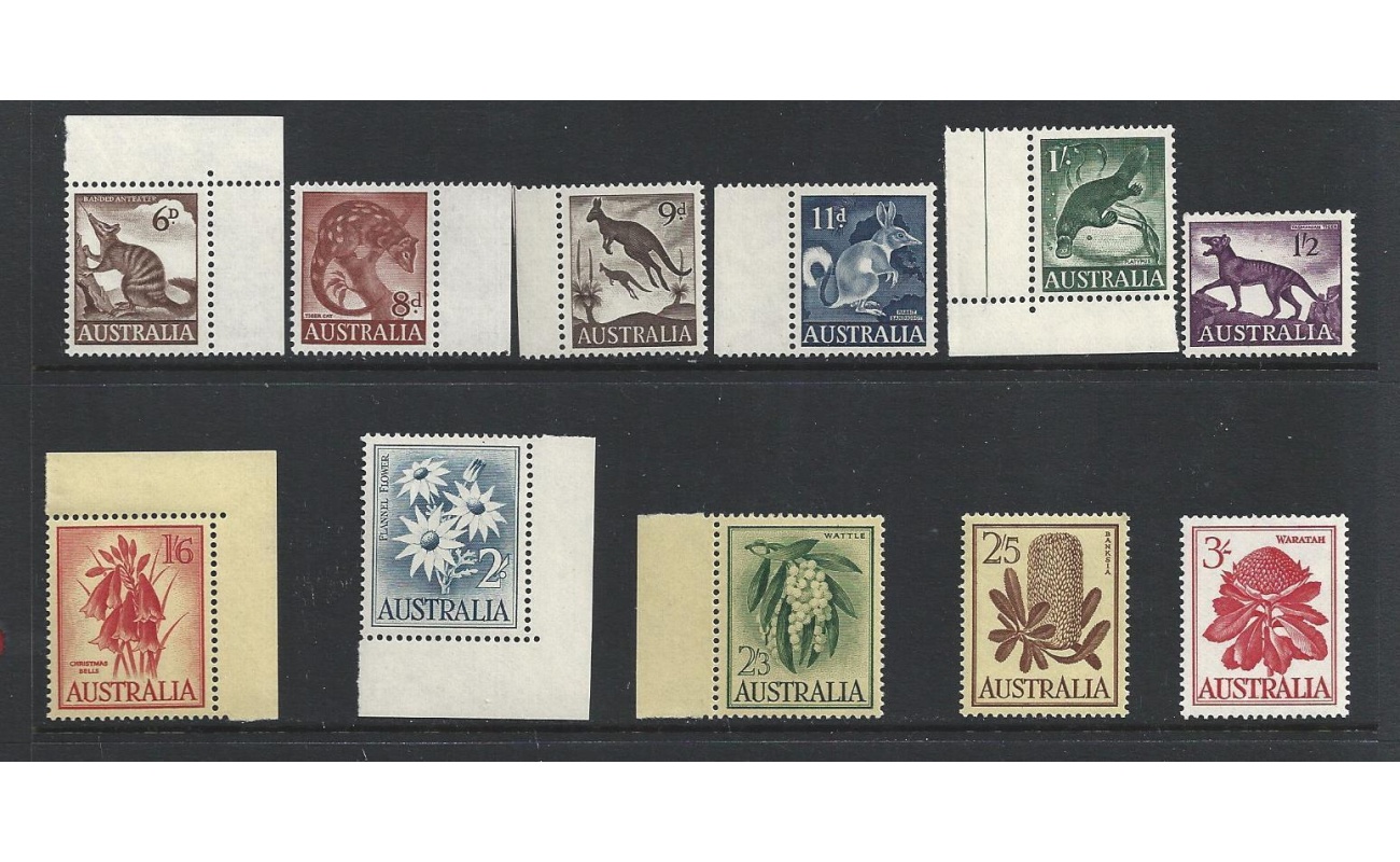 1959-62 AUSTRALIA Yvert n° 253A/259 Ordinaria animali e fiori 11 valori MNH **