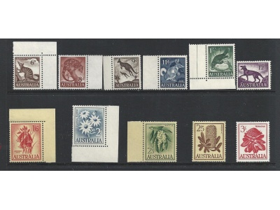 1959-62 AUSTRALIA Yvert n° 253A/259 Ordinaria animali e fiori 11 valori MNH **