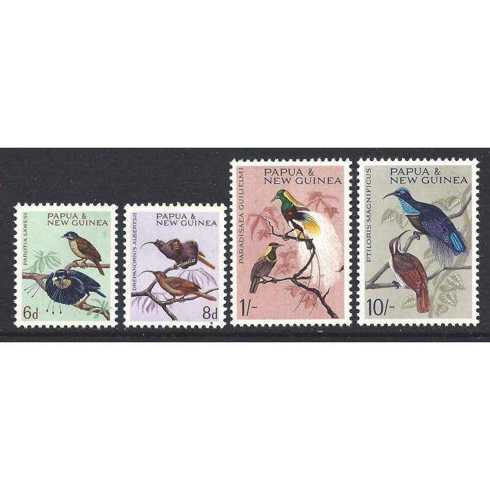 1964-65 PAPUA NEW GUINEA - Ordinaria Elisabetta, uccelli , Yv. spezzature 62/72  4 valori  MNH/**