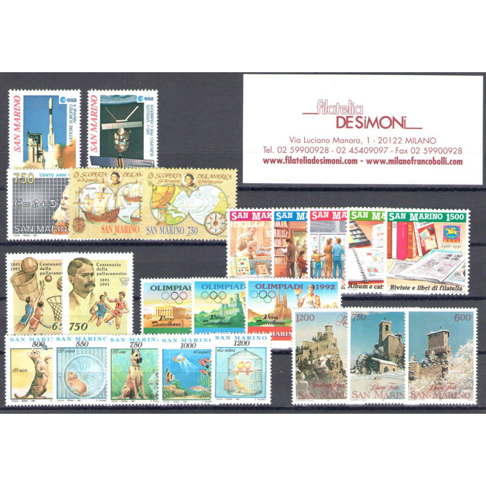 1991 San Marino, Annata Completa , francobolli nuovi 23 valori + 1 Foglietto - MNH**
