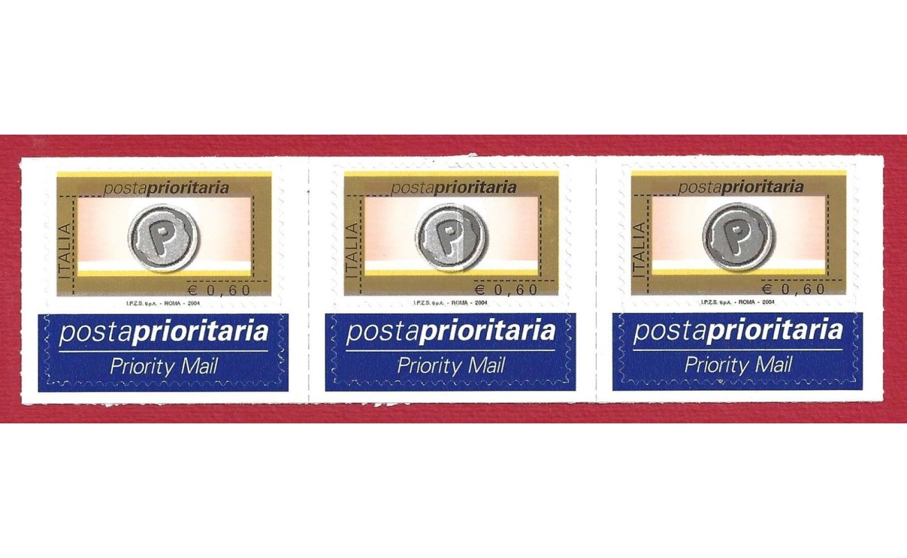 2004 ITALIA, Posta Prioritaria  € 0,60 VARIETA' IN STRISCIA DI TRE