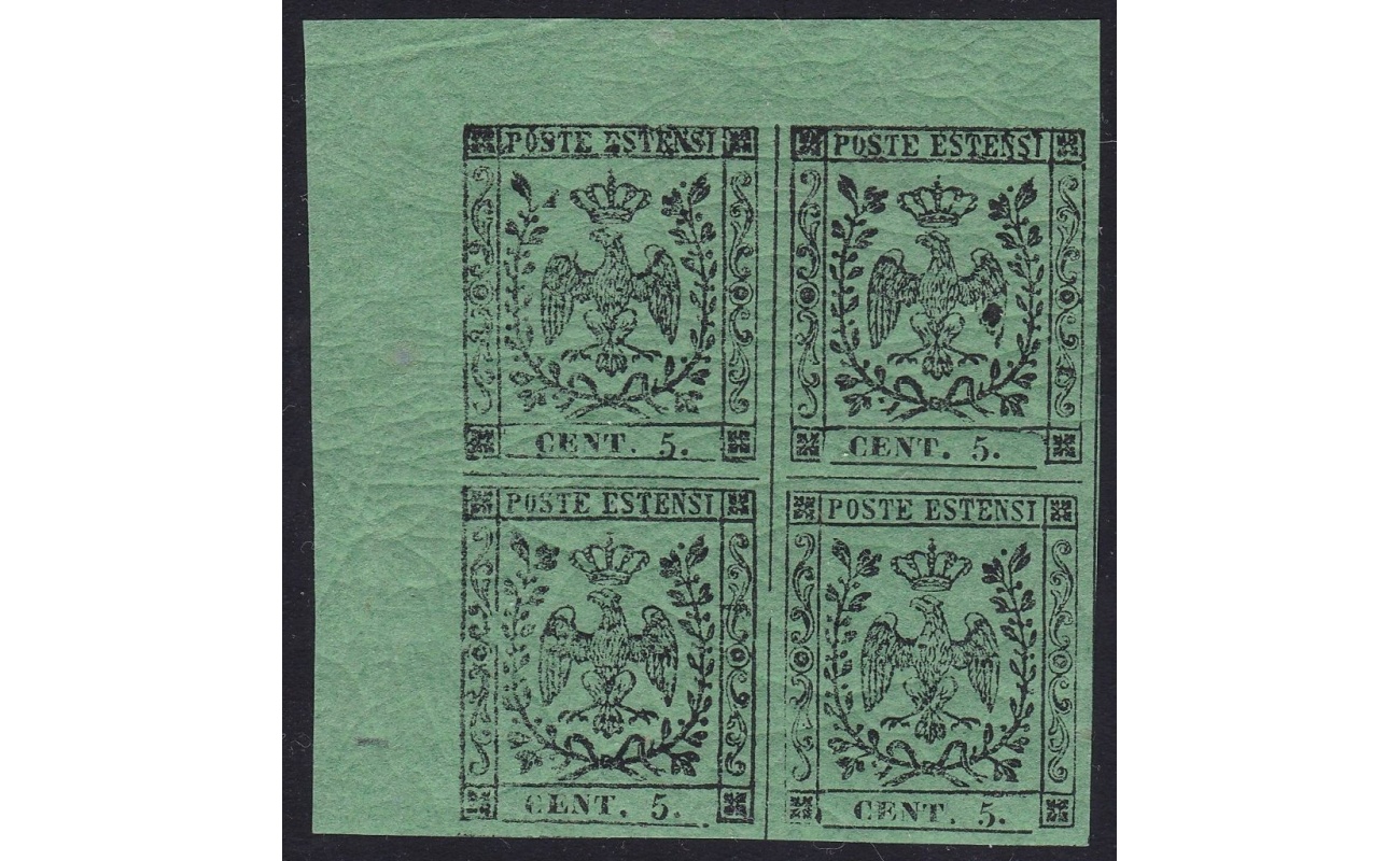1852 MODENA, n° 7 5 cent. verde  MNH/**  QUARTINA Certificato Bolaffi/A.Diena