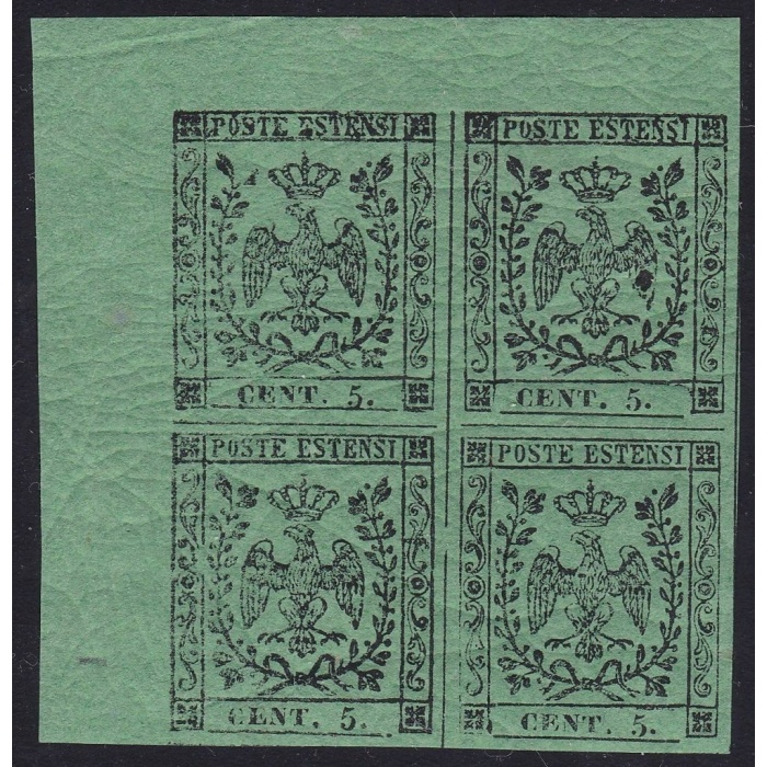 1852 MODENA, n° 7 5 cent. verde  MNH/**  QUARTINA Certificato Bolaffi/A.Diena