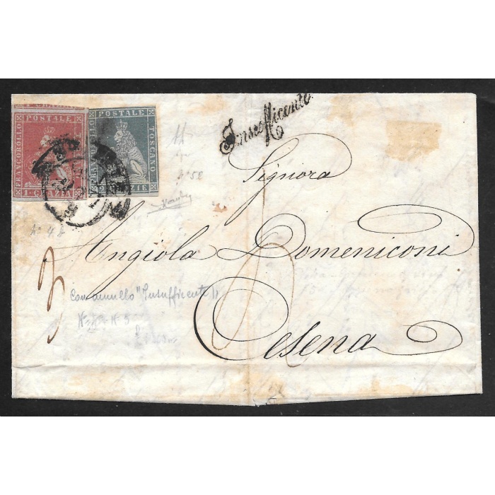 1853 Toscana, n° 4b+5e  su LETTERA per Cesena Firma A.Diena / Raybaudi